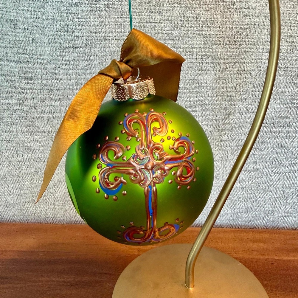 Hand Painted Vintage Green Christmas Ornament Cross Design Ribbon Hanger Signed